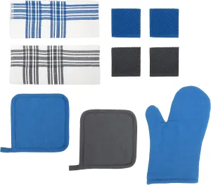 Chicago Metallic Kitchen Textile Set, Oven Mitt & Pot Holder, Cotton Terry Kitchen Towels & Dish Cloths, 9-Piece, Blue White and Gray