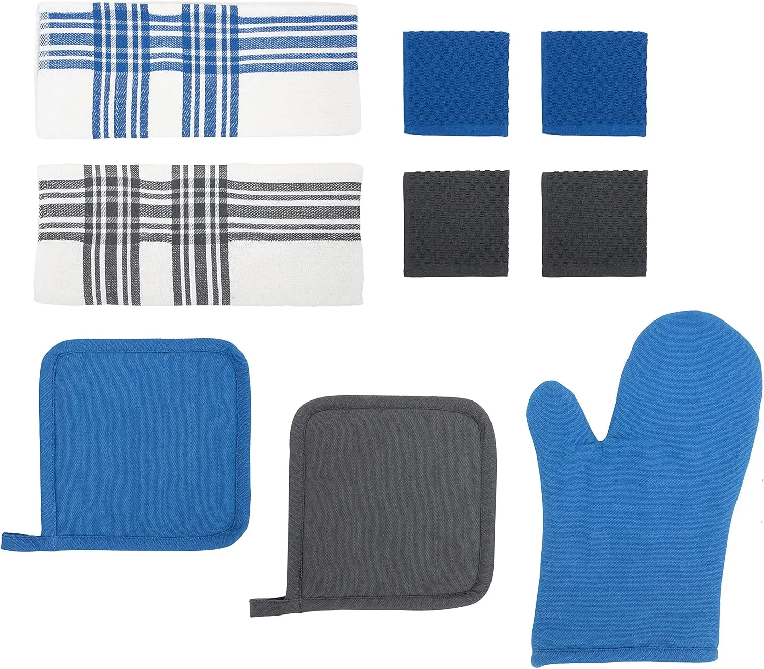 Chicago Metallic Kitchen Textile Set, Oven Mitt & Pot Holder, Cotton Terry Kitchen Towels & Dish Cloths, 9-Piece, Blue White and Gray