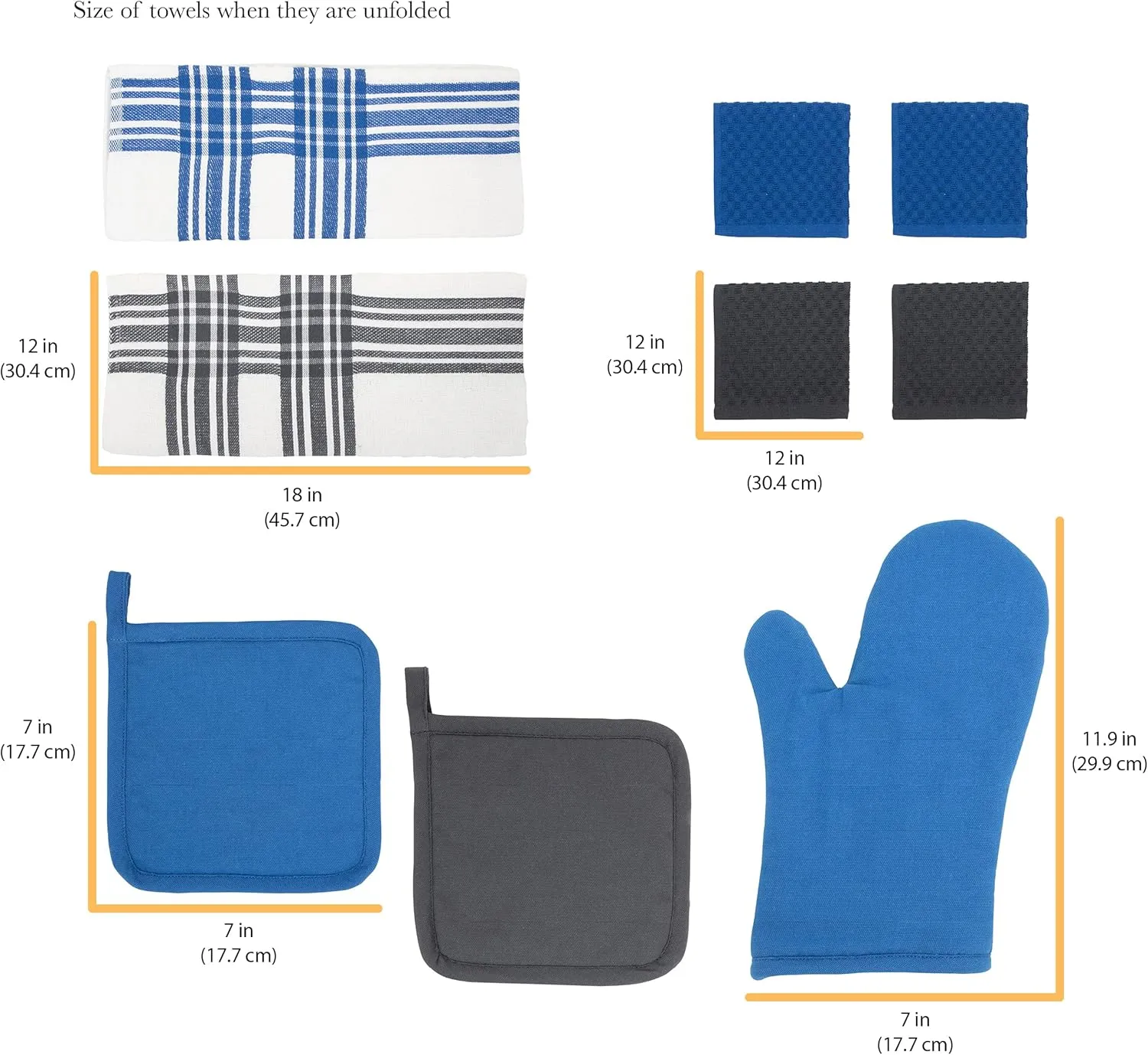 Chicago Metallic Kitchen Textile Set, Oven Mitt & Pot Holder, Cotton Terry Kitchen Towels & Dish Cloths, 9-Piece, Blue White and Gray