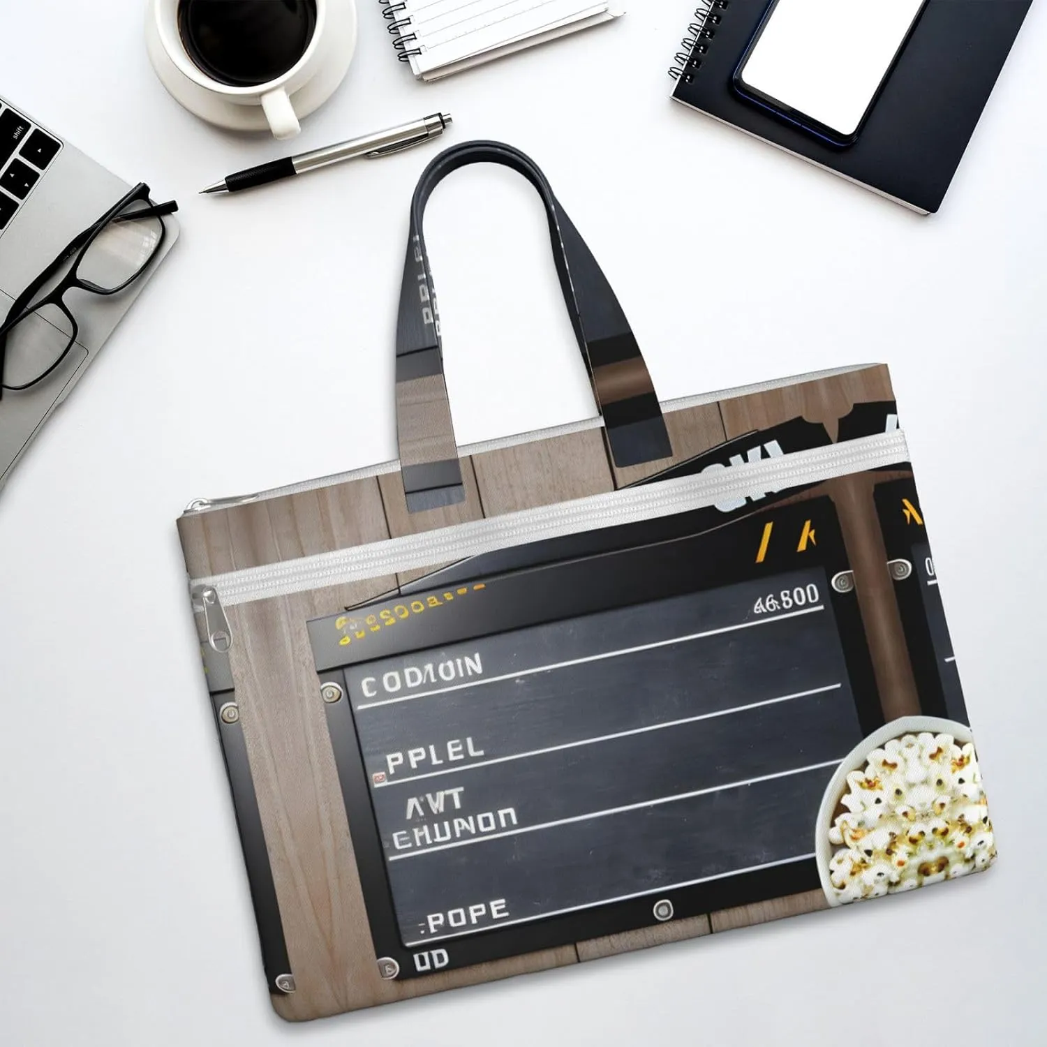 Cinema Movie Clapboard And Popcorn A4 Canvas Document Bag Zippered File Pouch Bag With Handle For Project Meeting