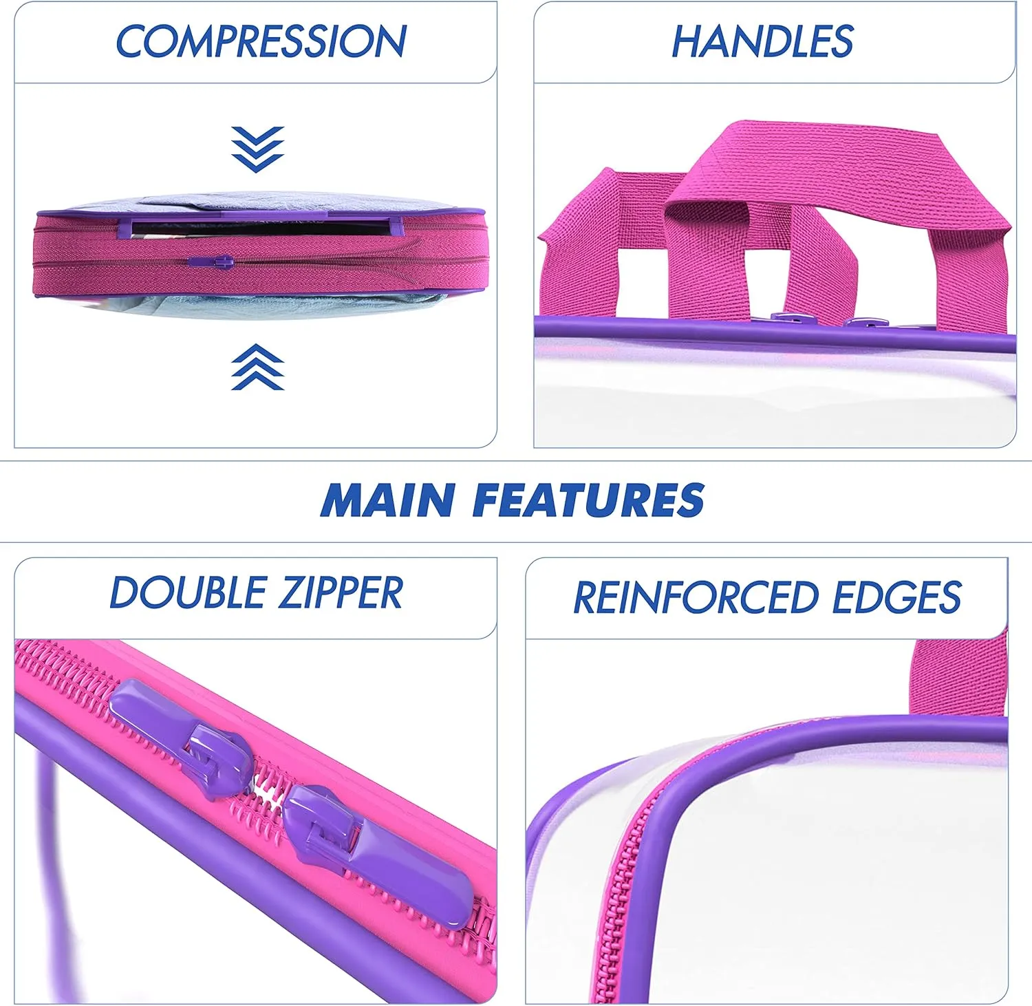 Clear Compression Packing Cubes 3 Set - Bags for Travel - Luggage Cube Organizer - Mix Pink and Purple