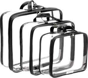 Clear Compression Packing Cubes 3 Set - Large See-Through Plastic Suitcase Bags for Travel - Luggage Compressable Organizers - Transparent PVC Collapsible Cosmetic Bag for Backpack Black