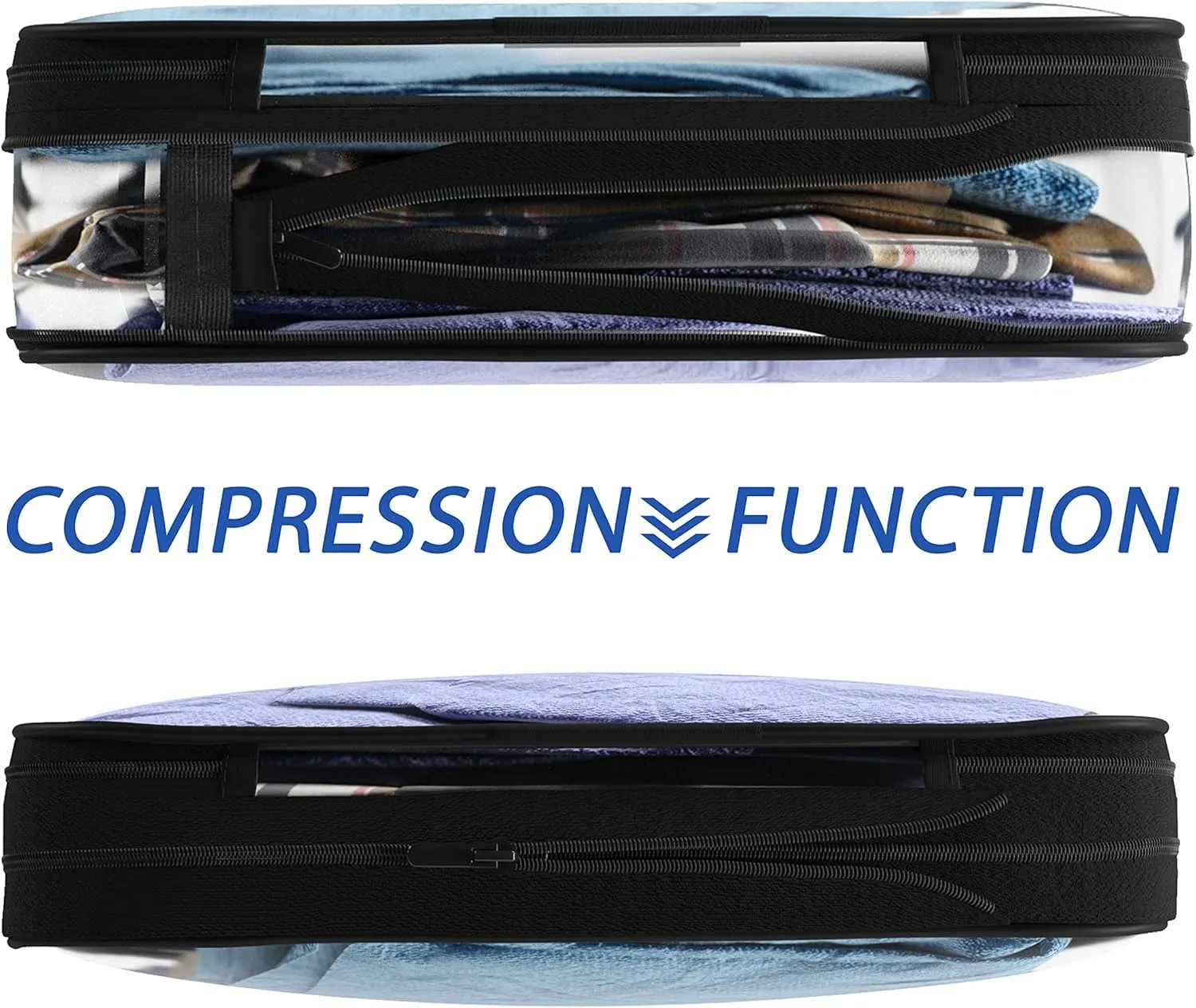 Clear Compression Packing Cubes 3 Set - Large See-Through Plastic Suitcase Bags for Travel - Luggage Compressable Organizers - Transparent PVC Collapsible Cosmetic Bag for Backpack Black