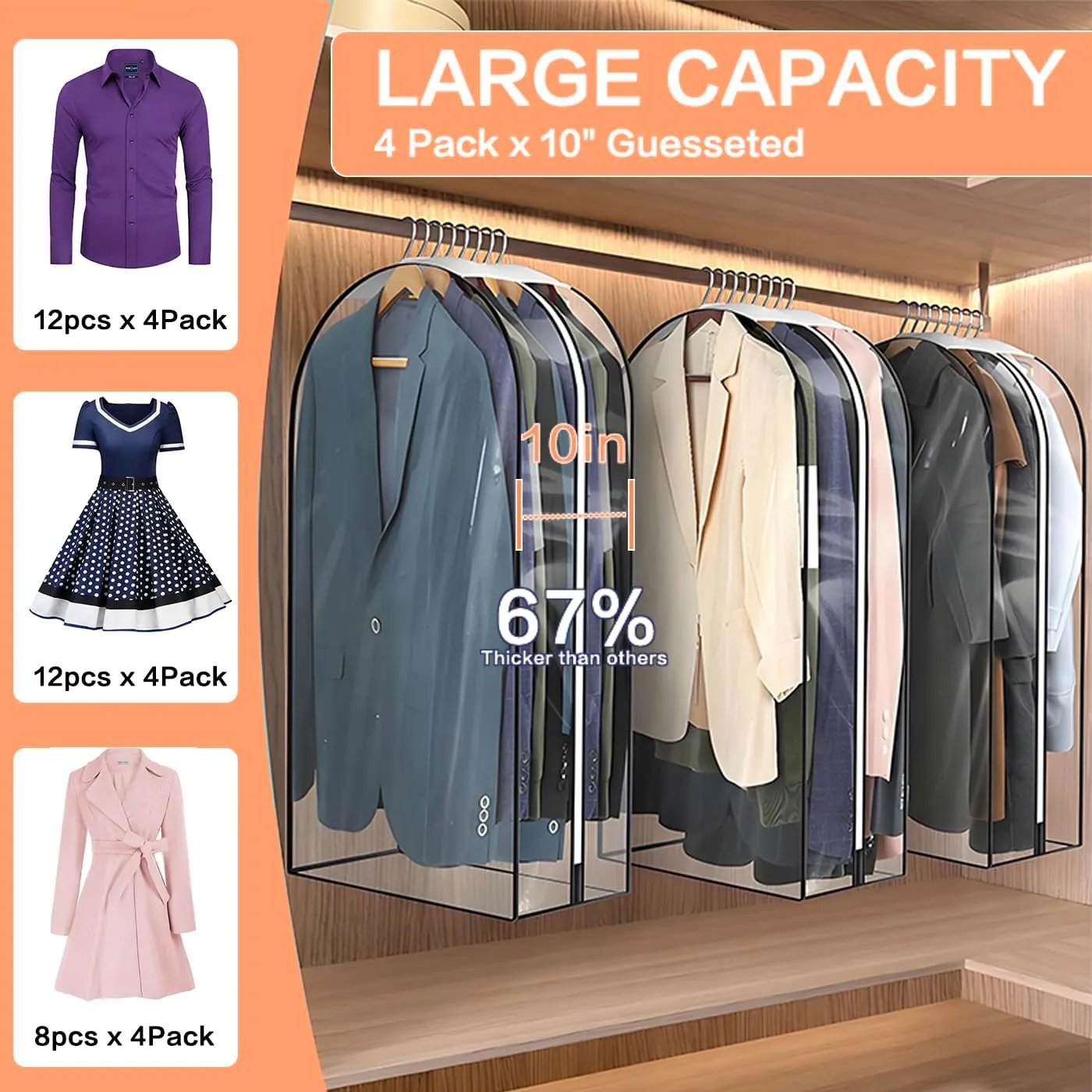 Clear Garment Bags for Hanging Clothes 【40"x24"x10" Gusseted Garment Bags Keep Your Closet Clean & Tidy】Dress Bag for Closet Storage Clothes,Vests,Suits,Jackets,Shirts,Coats,Dresses,Gowns,Uniforms