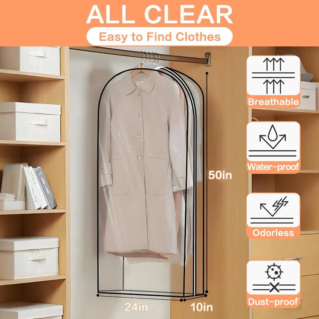 Clear Garment Bags for Hanging Clothes 【50"x24"x10" Gusseted Garment Bags Keep Your Closet Clean & Tidy】Dress Bag for Closet Storage Clothes,Vests,Suits,Jackets,Shirts,Coats,Dresses,Gowns,Uniforms