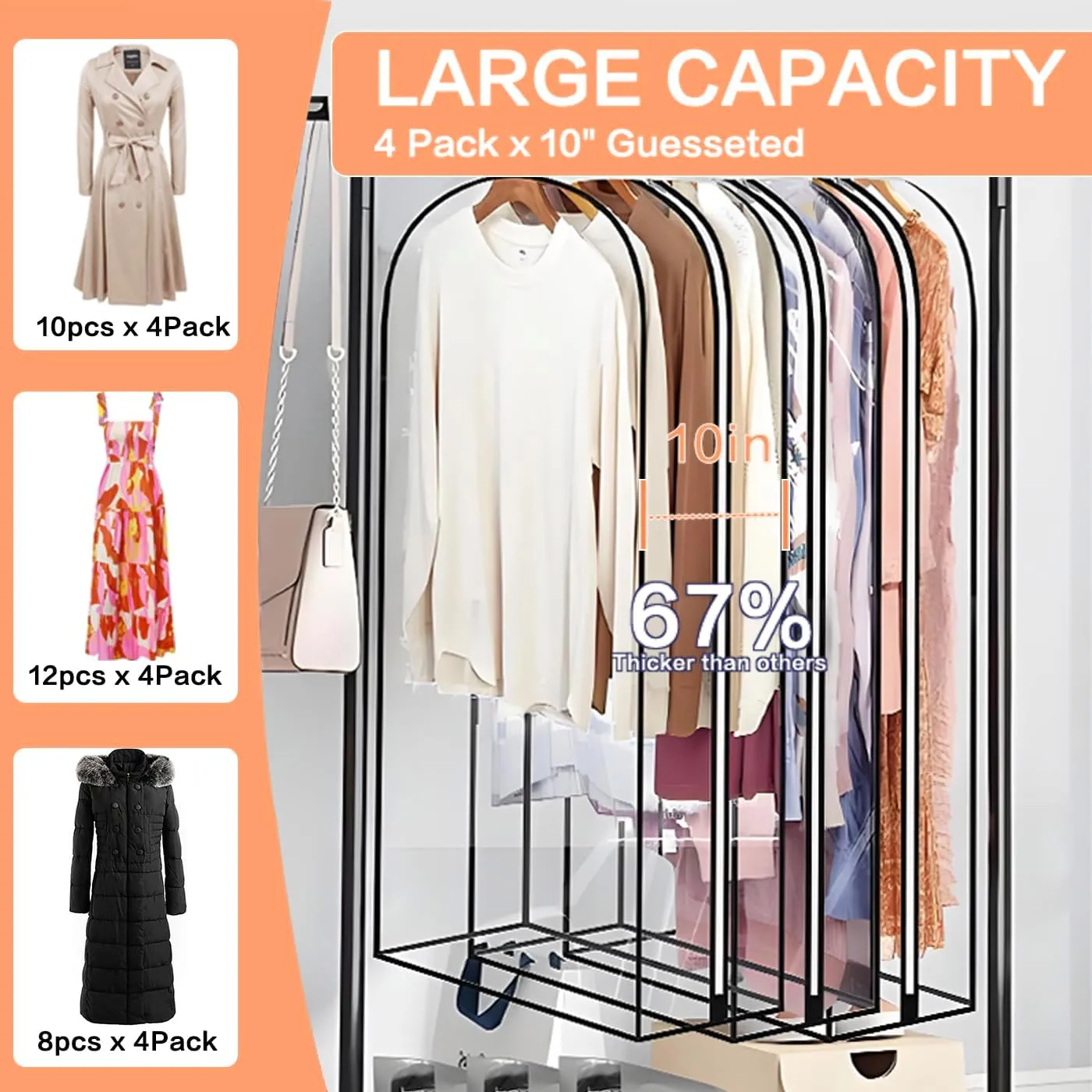 Clear Garment Bags for Hanging Clothes 【50"x24"x10" Gusseted Garment Bags Keep Your Closet Clean & Tidy】Dress Bag for Closet Storage Clothes,Vests,Suits,Jackets,Shirts,Coats,Dresses,Gowns,Uniforms