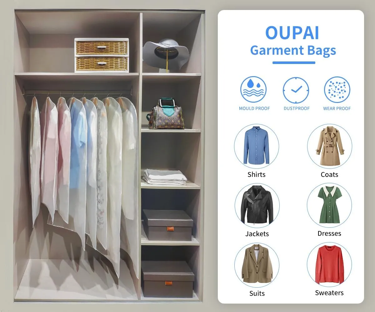 Clear Garment Bags For Hanging Clothes, Clothes Covers Protecting Full Zipper Suit Bags PEVA Garment Cover for Closet and Cloth Storage and Travel- 24'' x 40''/10 Pack