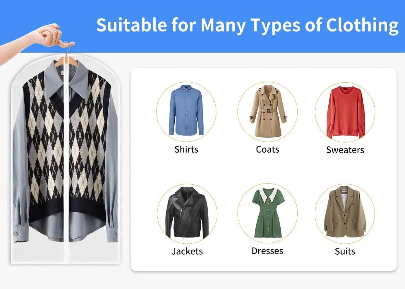 Clear Garment Bags For Hanging Clothes, Clothes Covers Protecting Full Zipper Suit Bags PEVA Garment Cover for Closet and Cloth Storage and Travel- 24'' x 40''/10 Pack