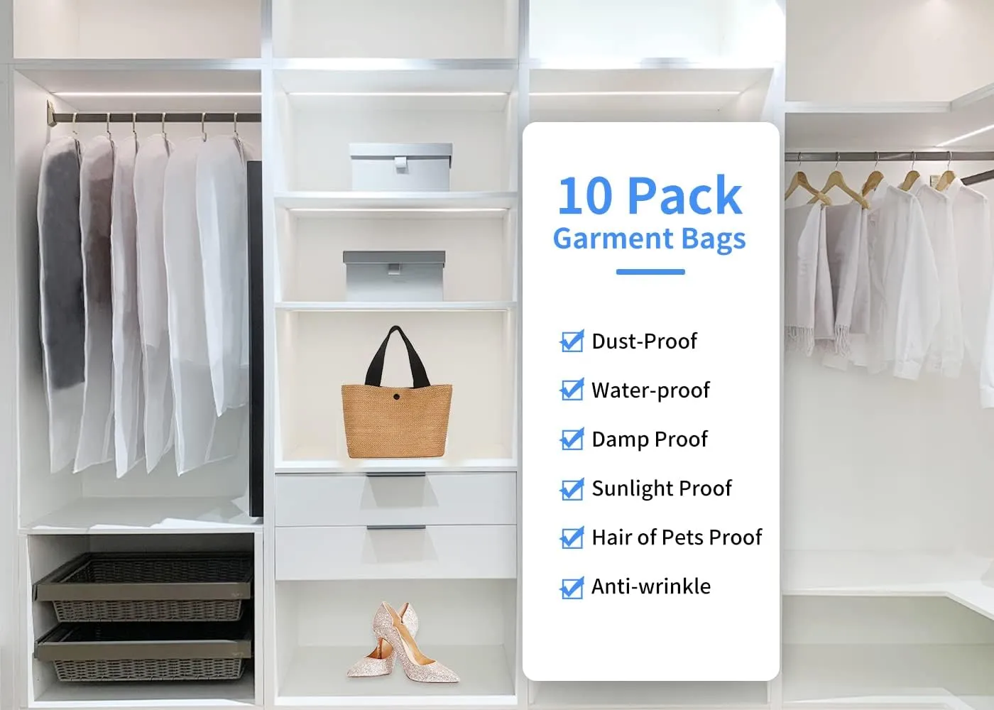 Clear Garment Bags For Hanging Clothes, Clothes Covers Protecting Full Zipper Suit Bags PEVA Garment Cover for Closet and Cloth Storage and Travel- 24'' x 40''/10 Pack
