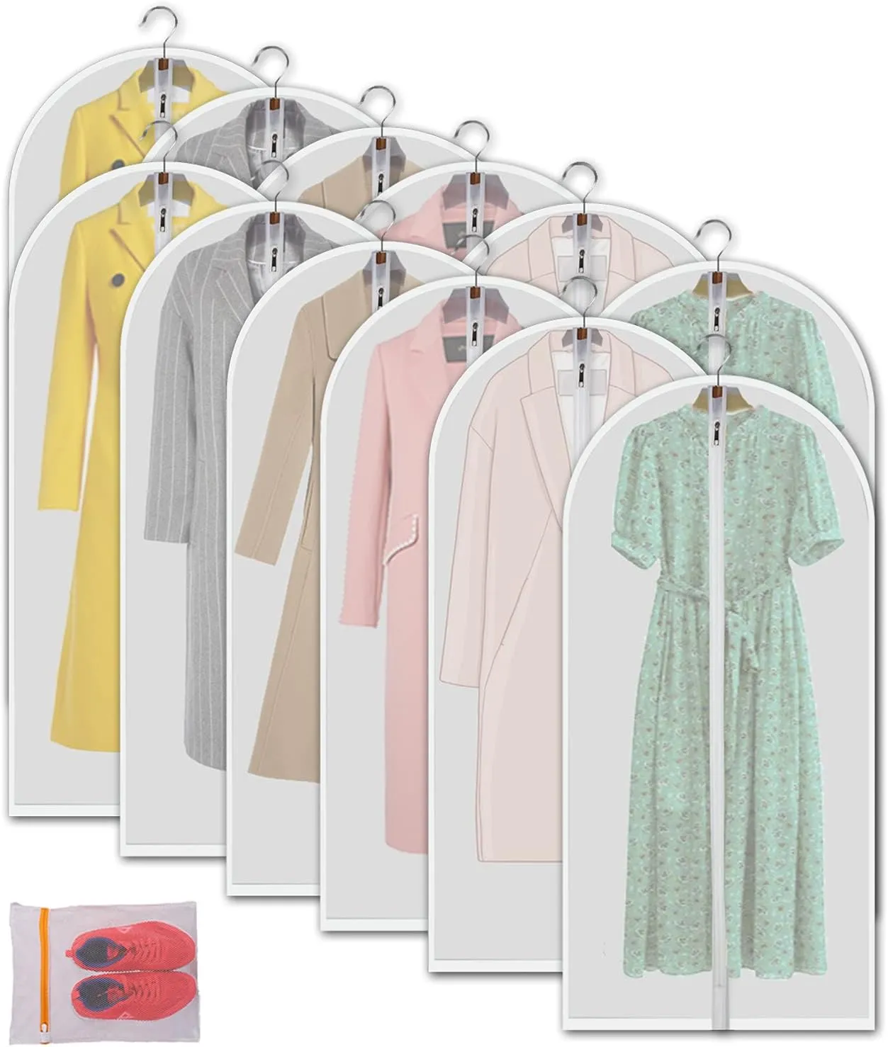 Clear Garment Bags Hanging Clothes Bags (Set of 12) for Closet Storage Plastic Bag with Zipper for Suit, Sweaters Travel Laundry Wardrobe Closet Garment Dust Cover Bags - 24'' x 48''/12 Pack