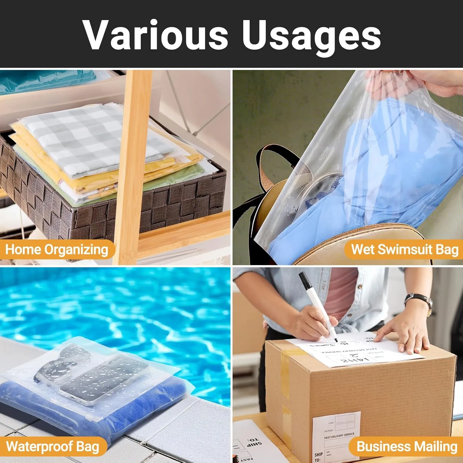 Clear Swimsuit Bags, Plastic Clothing Bags for Bikini, Swimwear, Bathing Suit Storage, T Shirt Packaging, 12x8 inch, Pack of 25, Waterproof, 3 Mil