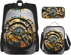 Clock Art Print Travel Backpack For Women 3-Piece Set With Insulated Lunch Box,For Outdoor Travel
