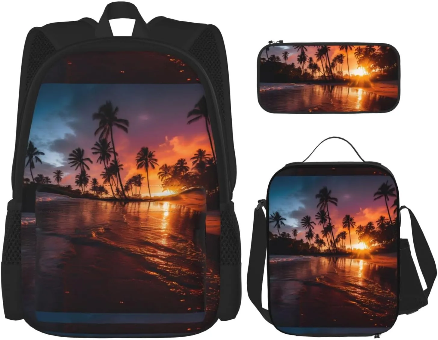 Coconut Sunset Print Unisex Stylish Travel Backpack Set With Insulated Lunch Bag,Adjustable Straps
