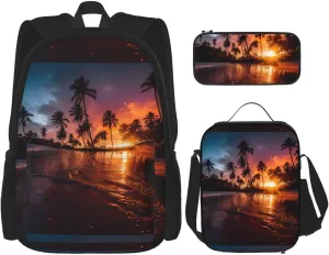 Coconut Sunset Print Unisex Stylish Travel Backpack Set With Insulated Lunch Bag,Adjustable Straps