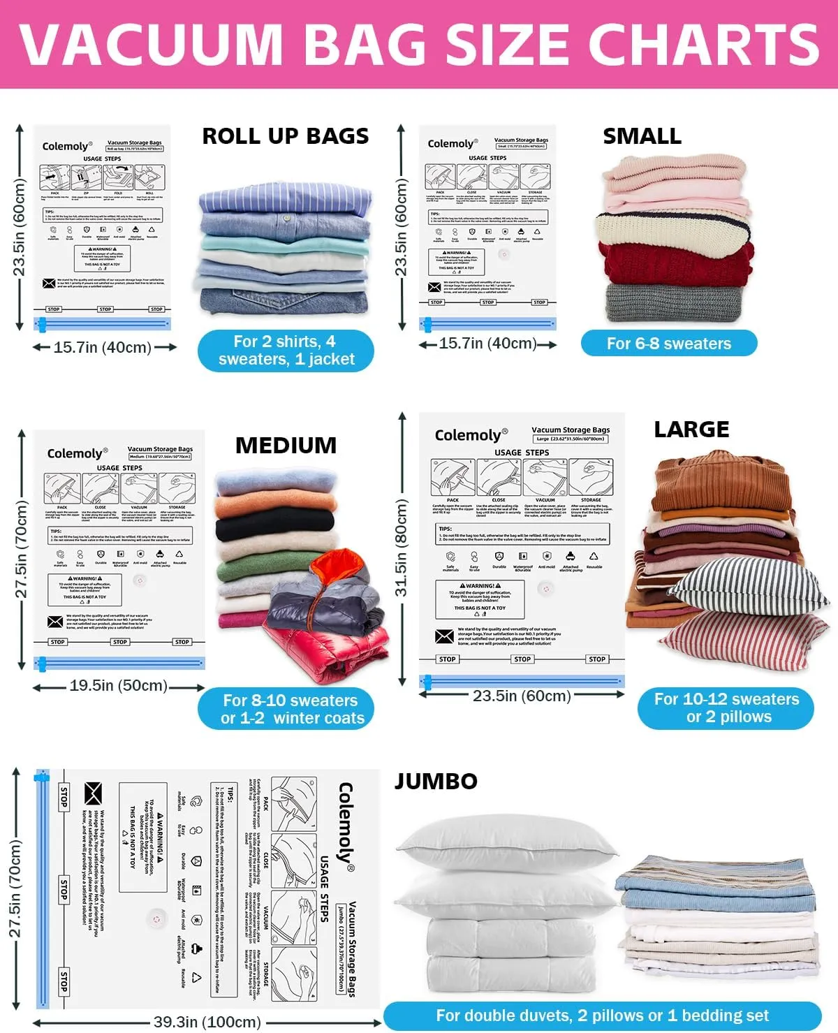 Colemoly Vacuum Storage Bags with Electric Air Pump 20 Pcs Compression Space Saver Vacuum Seal Bags for Clothing, Blanket, Comforter, Travel, Moving (5 Jumbo/ 5 Large/ 3 Medium/ 3 Small/ 4 Roll Up)
