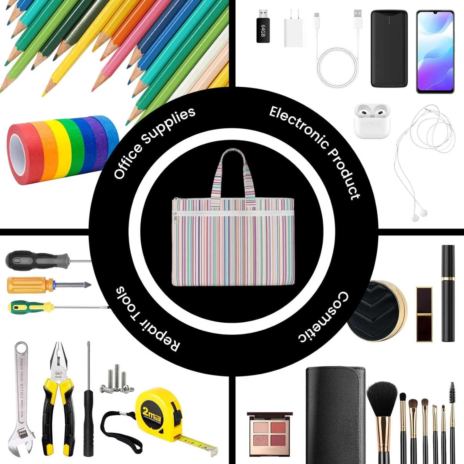 Color Stripes. Canvas Document Bag A4 File Organizer for School Supplies and Study
