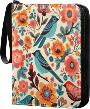 Colorful Birds Card Binder 4-Pocket, 400 Pockets Card Holder with 50 Removable Sleeves and Zipper for Games Baseball Football Sports Card