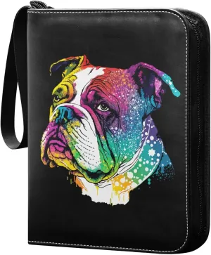 Colorful-bulldog-print 400 pockets Game Card Binder with Removable Sleeves Trading Card PU Waterproof Sturdy Protectors Holder Collectible Album for Sports Card Collection Storage
