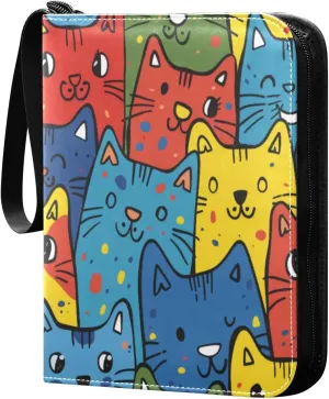 Colorful Cartoon Cats Card Binder 4-Pocket, 400 Pockets Card Holder with 50 Removable Sleeves and Zipper for Games Baseball Football Sports Card