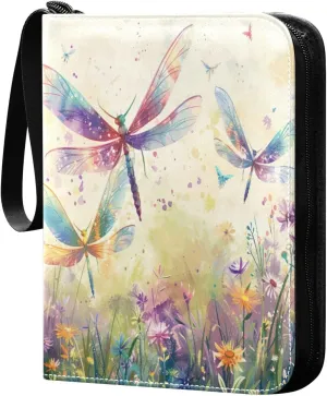 Colorful Dragonflies Card Binder 4-Pocket, 400 Pockets Card Holder with 50 Removable Sleeves and Zipper for Games Baseball Football Sports Card