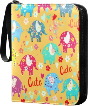 Colorful Elephants Card Binder 4-Pocket, 400 Pockets PU Waterproof Zippered Collector Card Album with 50 Removable Sleeves for Trading, Game Cards