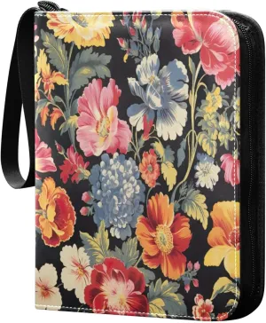 Colorful Floral Pattern Card Binder 4-Pocket, 400 Pockets PU Waterproof Zippered Collector Card Album with 50 Removable Sleeves for Trading, Game Cards