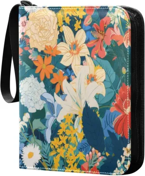 Colorful Flowers Card Binder 4-Pocket, 400 Pockets Card Holder with 50 Removable Sleeves and Zipper for Games Baseball Football Sports Card