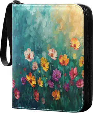 Colorful Flowers Painting Card Binder 4-Pocket, 400 Pockets Card Holder with 50 Removable Sleeves and Zipper for Games Baseball Football Sports Card