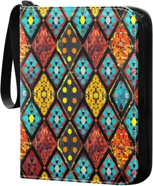 Colorful Geometric Card Binder 4-Pocket, 400 Pockets Card Holder with 50 Removable Sleeves and Zipper for Games Baseball Football Sports Card