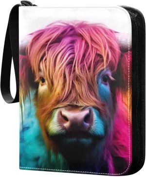 Colorful Highland Cow Card Binder 4-Pockets, 400 Pockets Card Holder with 50 Removable Sleeves, Trading Card Collector Zipper Album Holder, Collector Album