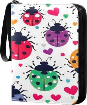 Colorful Lady Bugs Card Binder 4-Pocket, 400 Pockets PU Waterproof Zippered Collector Card Album with 50 Removable Sleeves for Trading, Game Cards