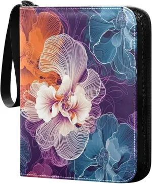 Colorful Line Flower1 Card Binder with 50 Removable Page Sleeves PU Leather Collectible Trading Card Albums Book with Zipper for Games Card,Baseball Cards