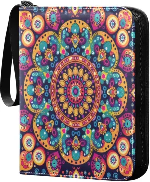 Colorful Mandala Card Binder 4-Pocket, 400 Pockets Card Holder with 50 Removable Sleeves and Zipper for Games Baseball Football Sports Card