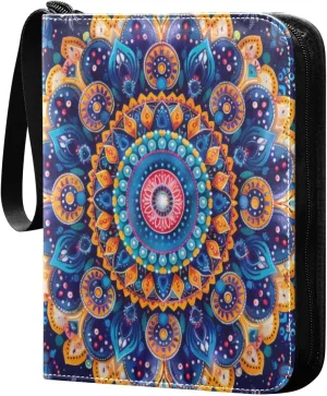 Colorful Mandala Card Binder 4-Pocket, 400 Pockets PU Waterproof Zippered Collector Card Album with 50 Removable Sleeves for Trading, Game Cards