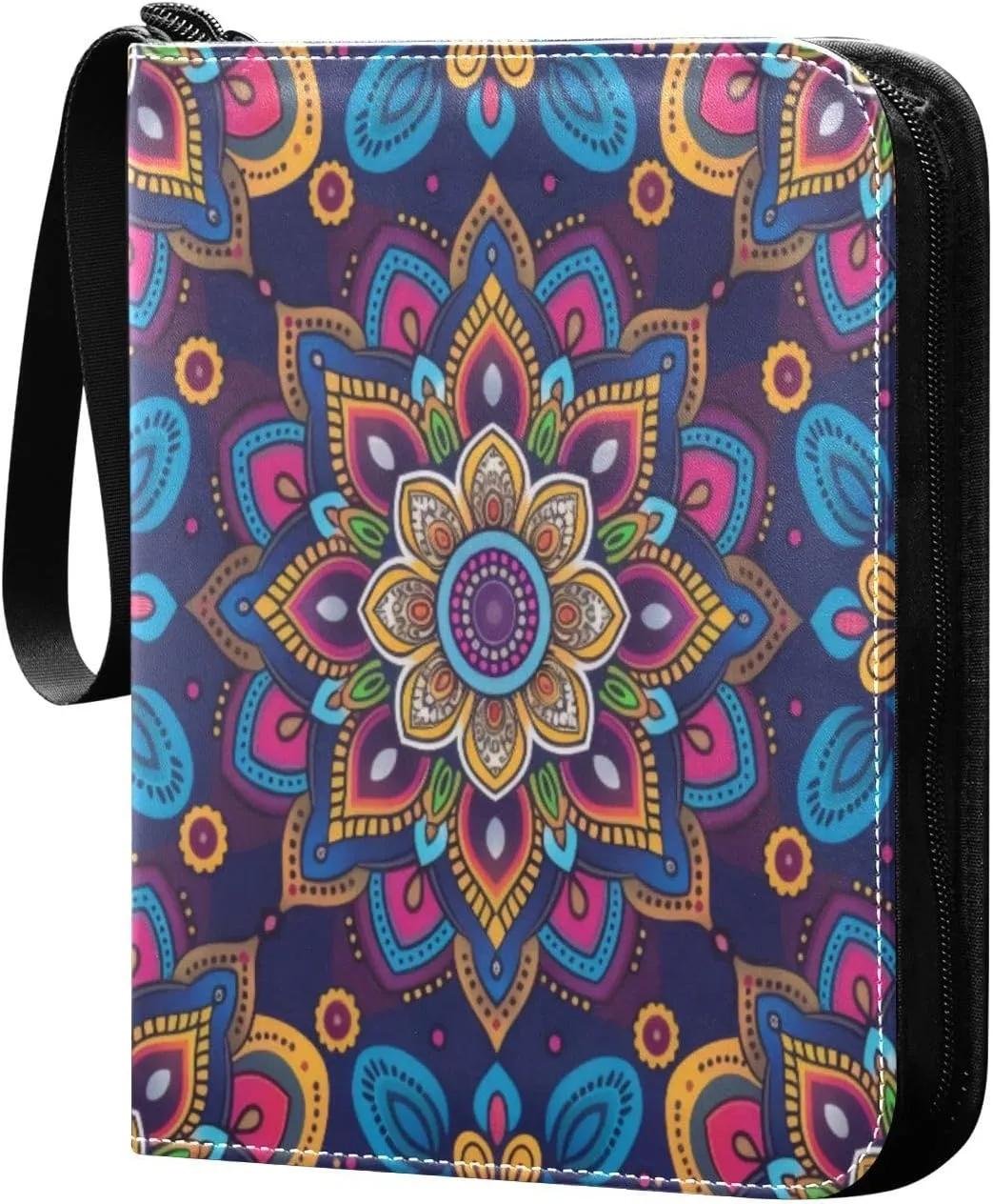Colorful Mandala Card Binder 4-Pocket, 400 Pockets PU Waterproof Zippered Collector Card Album with 50 Removable Sleeves for Trading, Game Cards
