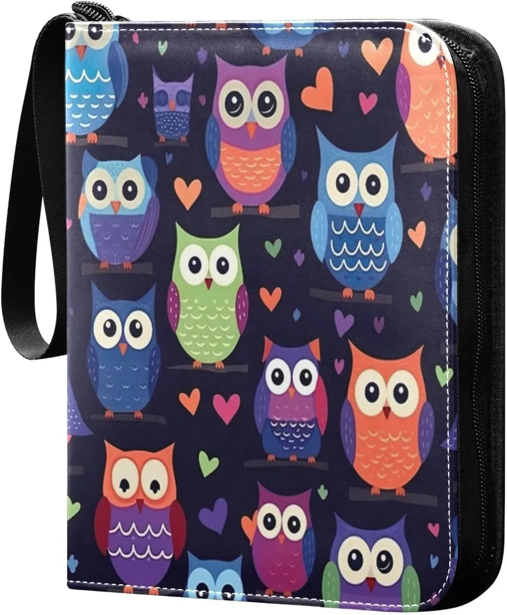 Colorful Owls Card Binder with 50 Removable Page Sleeves PU Leather Collectible Trading Card Albums Book with Zipper for Games Card,Baseball Cards