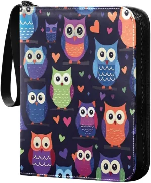 Colorful Owls Card Binder with 50 Removable Page Sleeves PU Leather Collectible Trading Card Albums Book with Zipper for Games Card,Baseball Cards