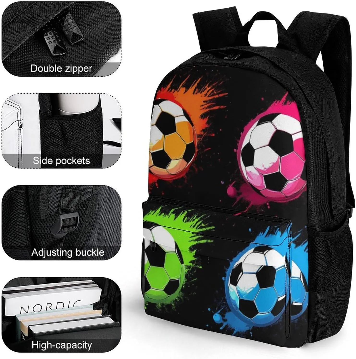 Colorful Paint Splash Ink Soccer Ball Football Black Rucksacks Polyester Anti-Theft Multipurpose Carry On Bag Large Capacity Gym Outdoor Hiking Backpack With Smooth Zippers