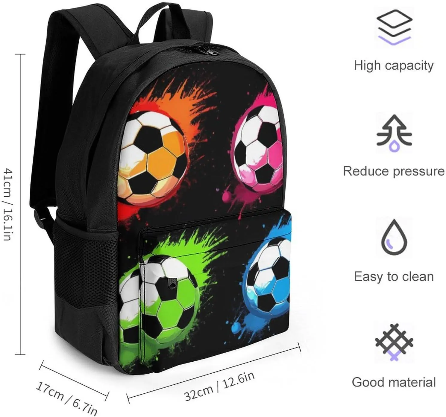 Colorful Paint Splash Ink Soccer Ball Football Black Rucksacks Polyester Anti-Theft Multipurpose Carry On Bag Large Capacity Gym Outdoor Hiking Backpack With Smooth Zippers