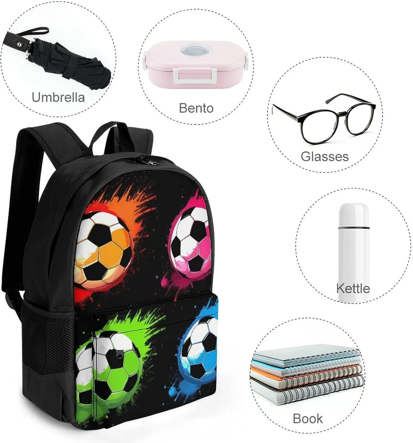 Colorful Paint Splash Ink Soccer Ball Football Black Rucksacks Polyester Anti-Theft Multipurpose Carry On Bag Large Capacity Gym Outdoor Hiking Backpack With Smooth Zippers