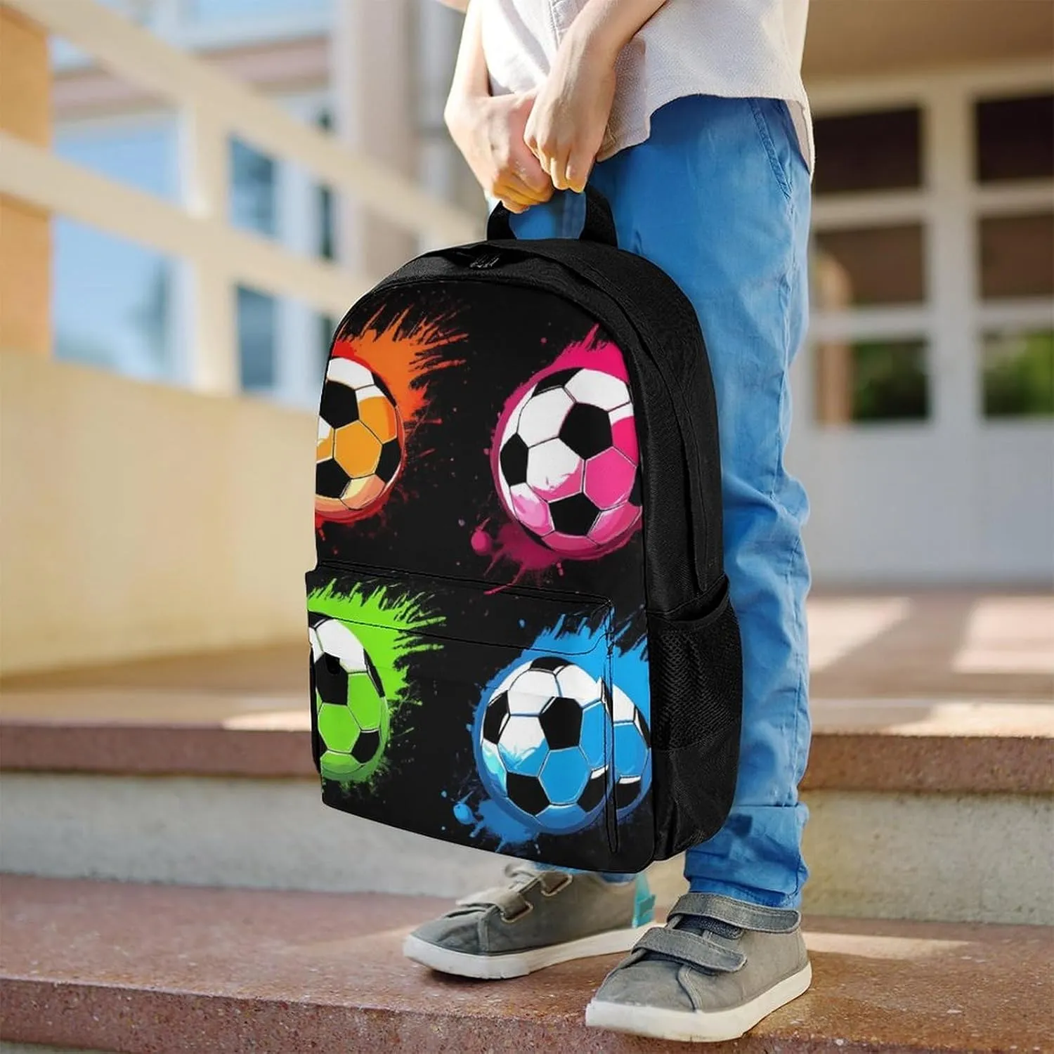 Colorful Paint Splash Ink Soccer Ball Football Black Rucksacks Polyester Anti-Theft Multipurpose Carry On Bag Large Capacity Gym Outdoor Hiking Backpack With Smooth Zippers