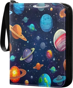Colorful Planets Card Binder with 50 Removable Page Sleeves PU Leather Collectible Trading Card Albums Book with Zipper for Games Card,Baseball Cards