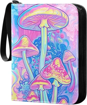 Colorful Psychedelic Mushrooms Card Binder 4-Pocket, 400 Pockets PU Waterproof Zippered Collector Card Album with 50 Removable Sleeves for Trading, Game Cards