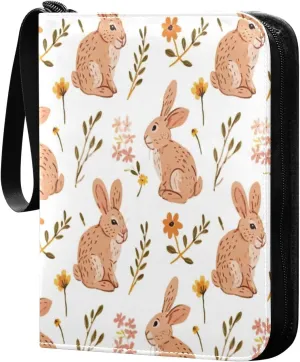 Colorful Rabbit and Flowers Card Binder with 50 Removable Page Sleeves PU Leather Collectible Trading Card Albums Book with Zipper for Games Card,Baseball Cards
