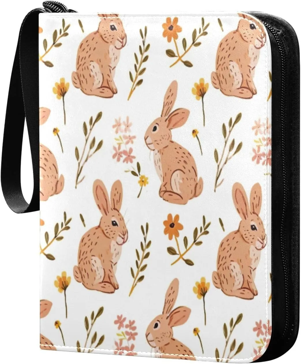 Colorful Rabbit and Flowers Card Binder with 50 Removable Page Sleeves PU Leather Collectible Trading Card Albums Book with Zipper for Games Card,Baseball Cards