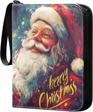 Colorful Santa Claus Card Binder 4-Pocket, 400 Pockets Card Holder with 50 Removable Sleeves and Zipper for Games Baseball Football Sports Card