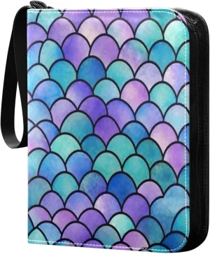Colorful Scales Card Binder with 50 Removable Page Sleeves PU Leather Collectible Trading Card Albums Book with Zipper for Games Card,Baseball Cards