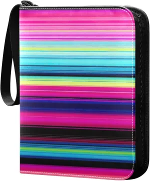 Colorful Stripes Card Binder with 50 Removable Page Sleeves PU Leather Collectible Trading Card Albums Book with Zipper for Games Card,Baseball Cards