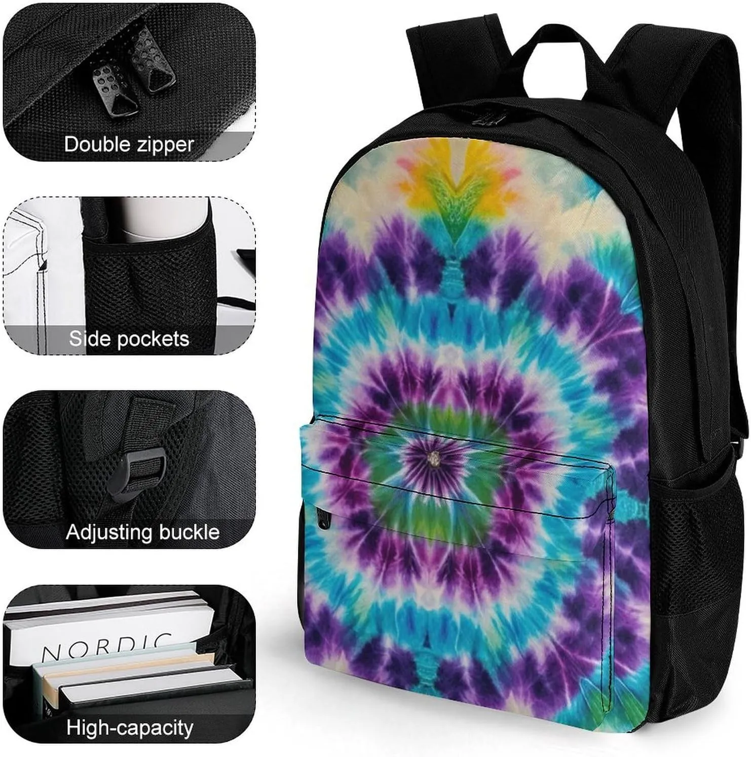 Colorful Tie Dye Art Daypack Polyester Anti-Theft Multipurpose Bookbag Big Capacity Gym Outdoor Hiking Backpack With Adjustable Shoulder Straps