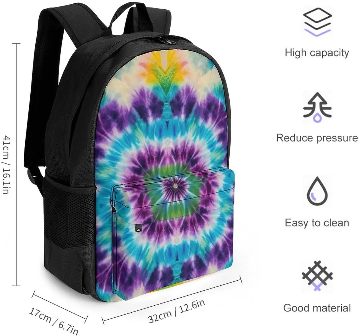 Colorful Tie Dye Art Daypack Polyester Anti-Theft Multipurpose Bookbag Big Capacity Gym Outdoor Hiking Backpack With Adjustable Shoulder Straps